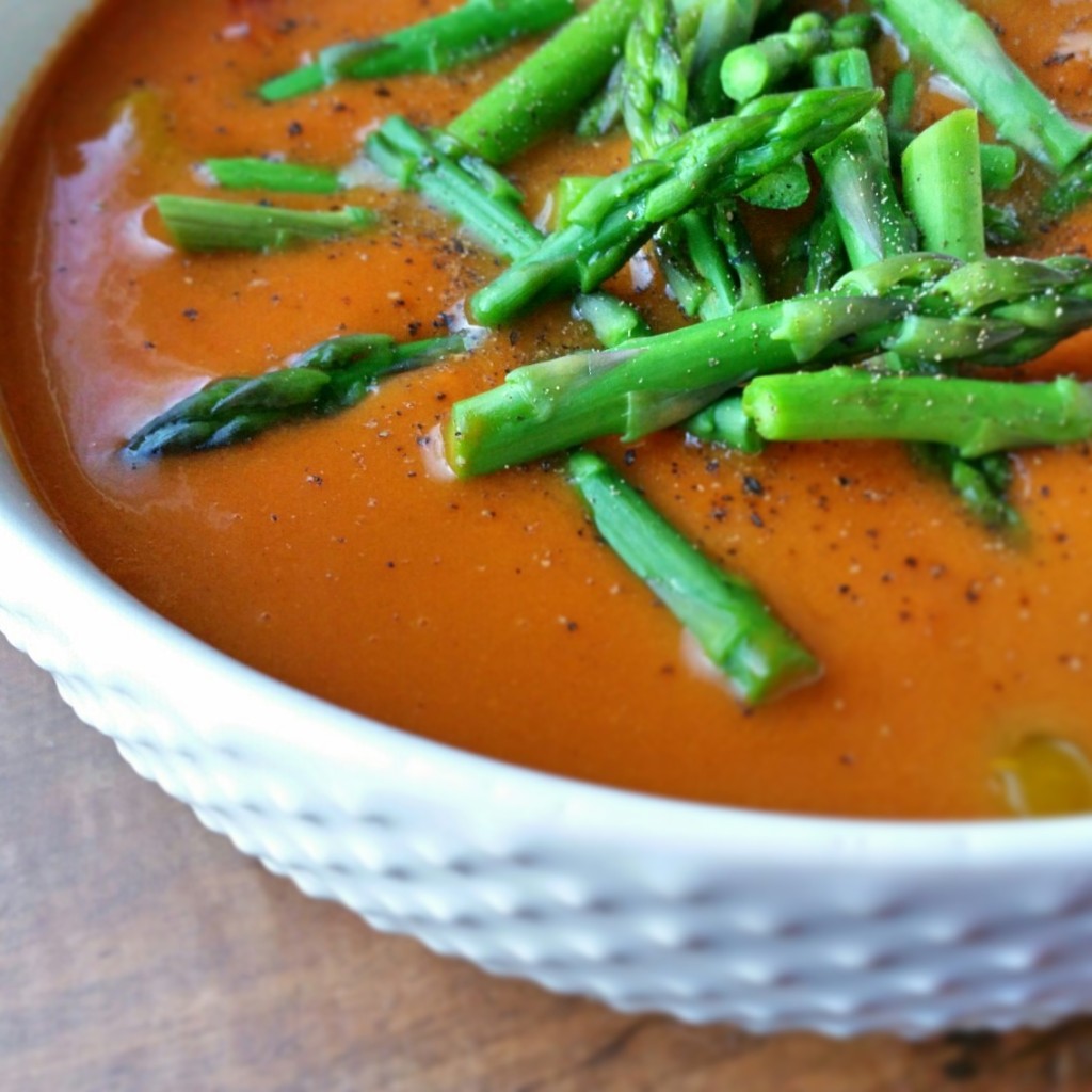 Roasted Tomato & Red Pepper Soup with fresh Asparagus | Clovers & Kale